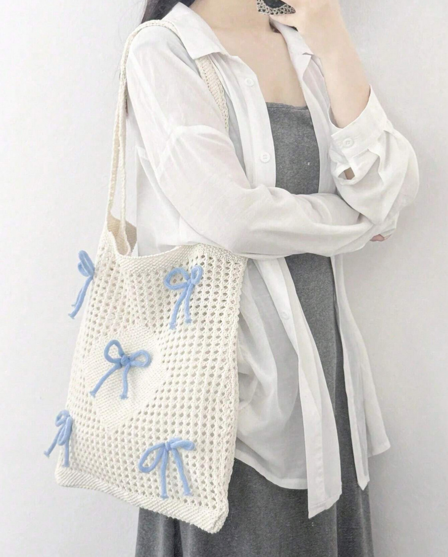 Bow Knot Pattern Women's Medium Polyester Bow Knot Cute Preppy Style Knitting Hollow Square Open Square Bag