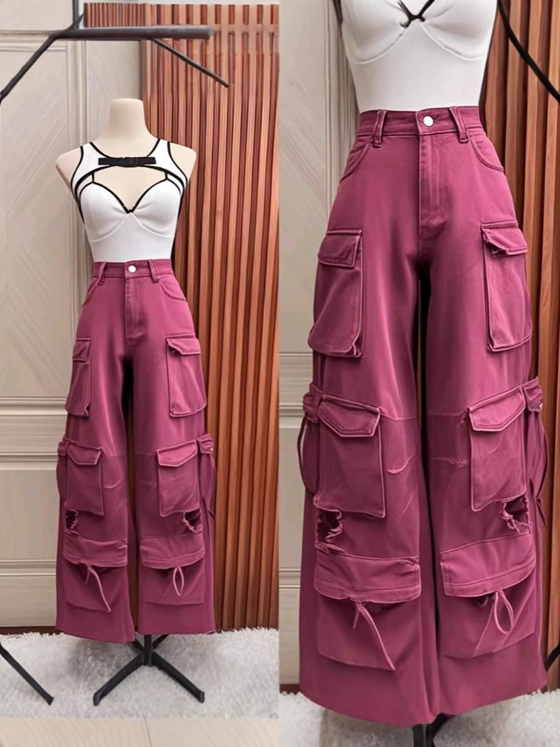 Pantalones de mezclilla para mujer, monos, pantalones de moda de piernas anchas con bolsillos múltiples, pantalones Cargo pants wholesale