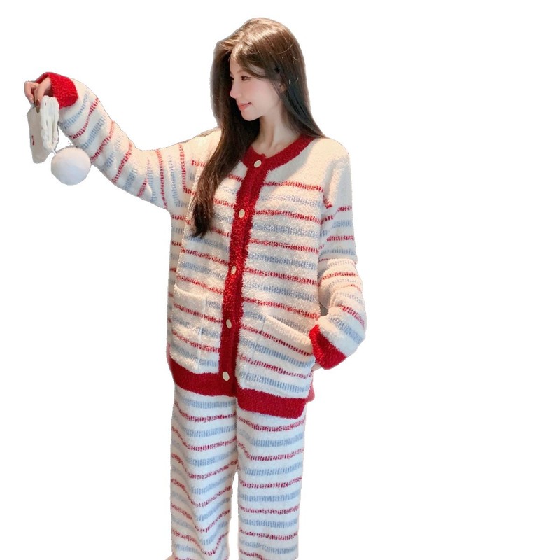 秋冬季半边绒睡衣女复古条纹红色本命年家居服开衫软绵绵加厚睡衣|undefined