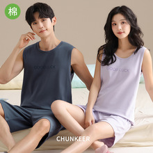 套头情侣睡衣男女夏季新款薄款背心套装纯棉简约家居服夏跨境外贸