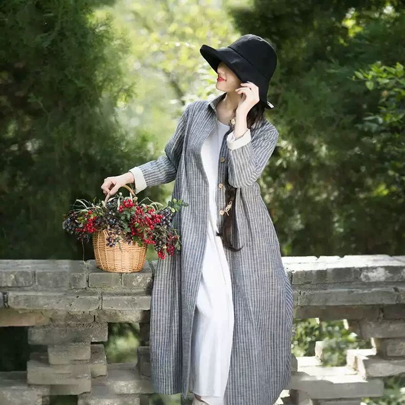 2024 осенний новый ретро длинная однобортная повседневная полосатая тонкая куртка из дикого хлопка льна платье-рубашка