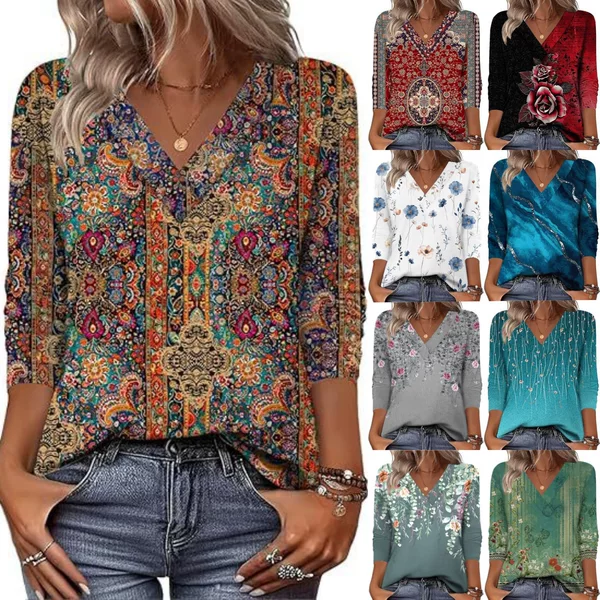 20 Colors Cross-Border European and American Women's Clothing Amazon 2025 Autumn Loose Casual Printed Long-Sleeved V-Neck T-Shirt Top
