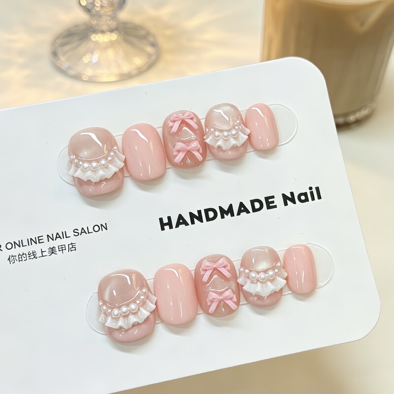 【Milk Ballet】Purely Handmade Wearable Nails, Elegant and Complexion-Enhancing Pink Cat-Eye Fake Nails, Phototherapy Nail Patches