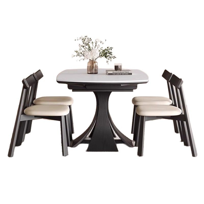 Mesa de comedor de madera maciza de estilo antiguo, retráctil, plegable, mesa redonda variable, apartamento pequeño, mesa de comedor de tablero de roca retro francés negro para el hogar