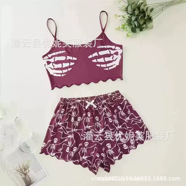 Cross-Border New Skull Hand Print Christmas and Skull Skeleton Print Home Wear Set Women's Pajamas Europe and America