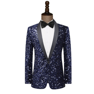 Men's dress navy sequins suit performance bar DJ nightclub stage performance suit host singer coat