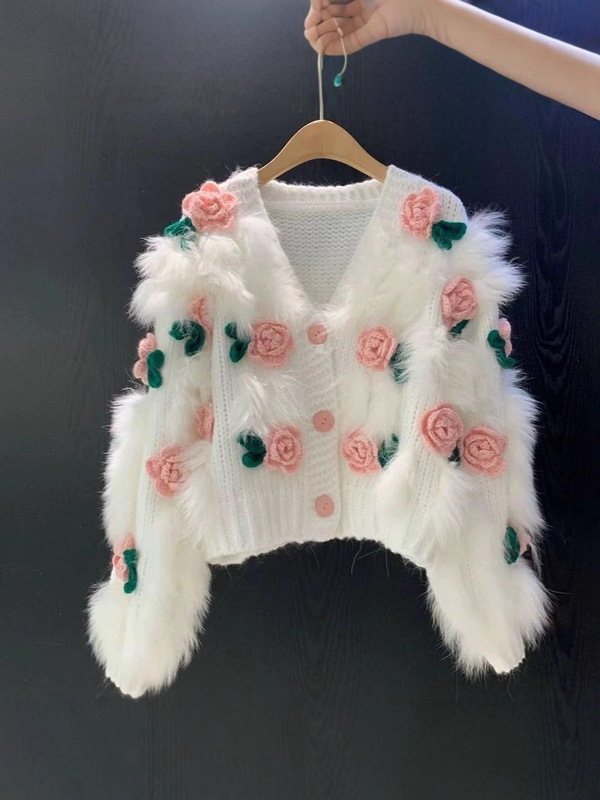 2025 秋冬新スタイル多用途で優しく着やすいソフトワックスセーター刺繍立体ローズニットカーディガントップ女性用|undefined