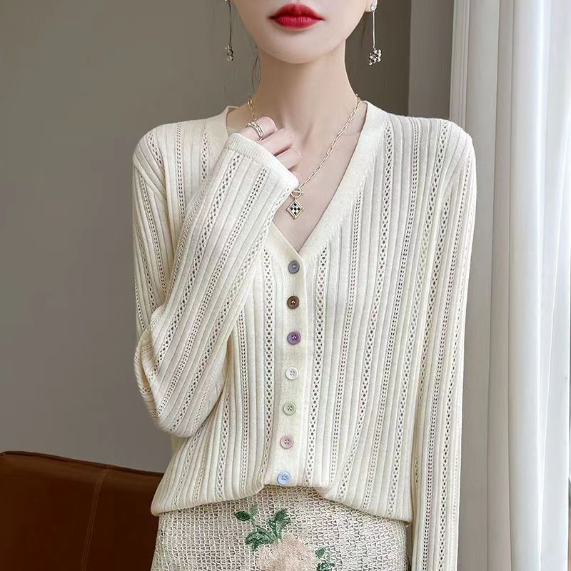 2025 worsted knitted hollow new sweater ultra-fine long sleeve thin fashion air conditioning cardigan top