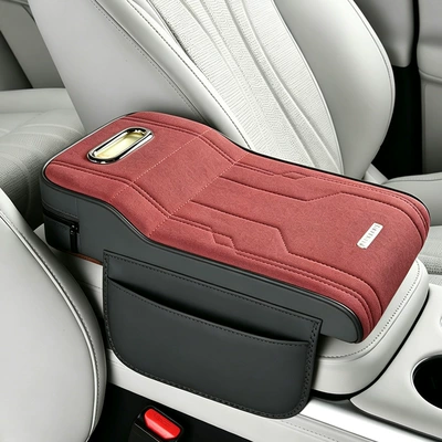 Universal car armrest box pad, suede car elbow heightening pad, multifunctional central console cover, elbow rest, tissue box (Armrest box pad) - red
