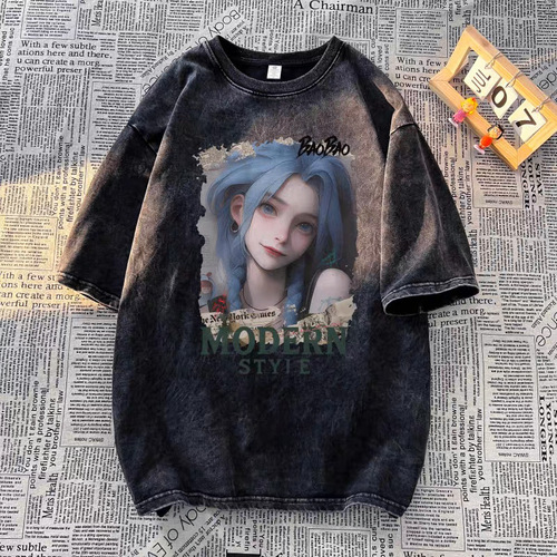 American heavy-duty pure cotton washed distressed short-sleeve T-shirt for men, summer loose half-sleeve high street T-shirt base shirt trendy brand