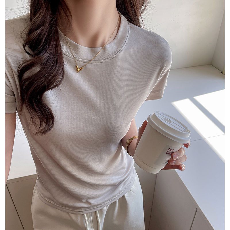 Strict Selection of Lyocell Tencel Short-sleeved T-shirt Women's Summer White All-match Top Shoulder High-end Slimming Lazy Small Top