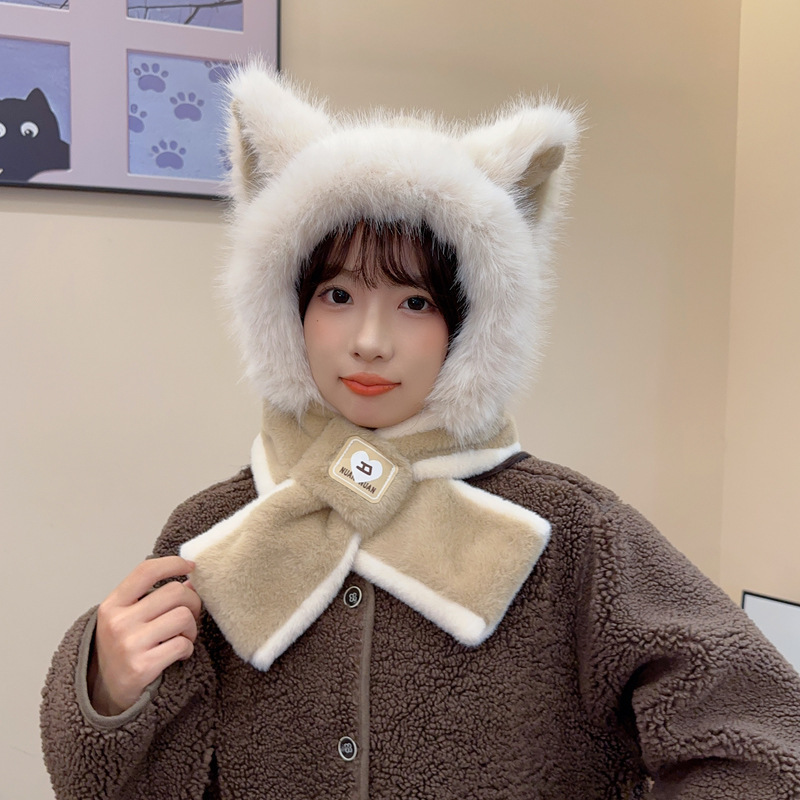 新品狐狸耳朵帽围巾一体帽女款冬季加厚保暖护耳帽时尚百搭帽子|undefined