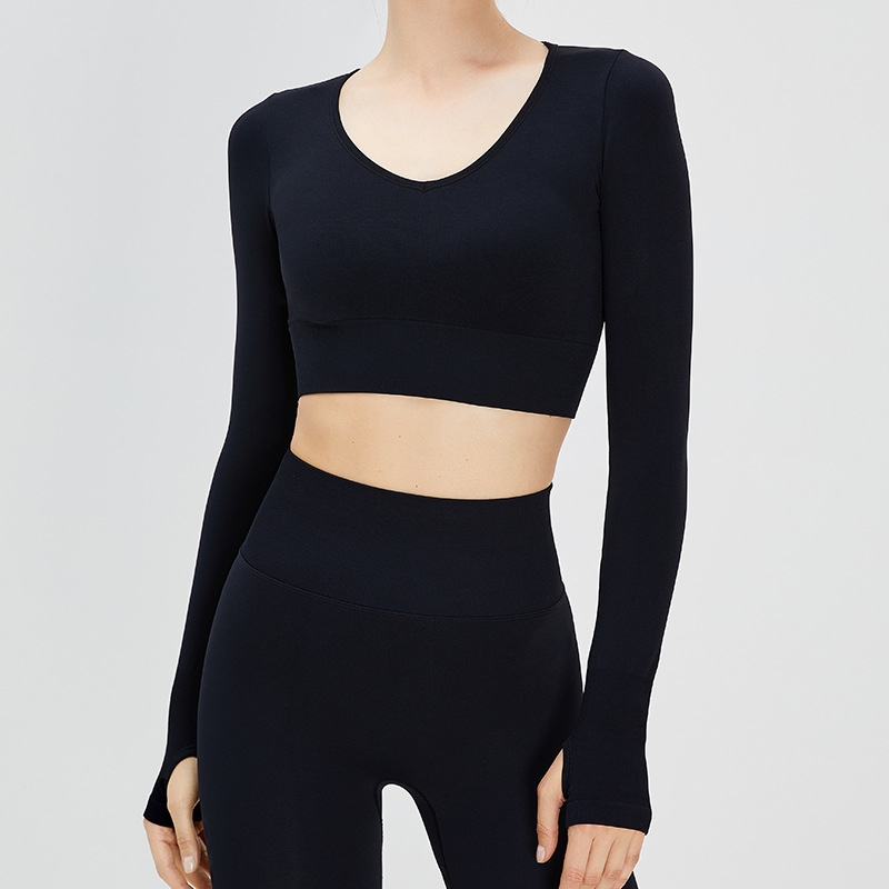 Europa y América nueva camiseta de la Yoga manga larga desnuda elástico Delgado deportes Top V-cuello sexy yoga ropa de entrenamiento para las mujeres