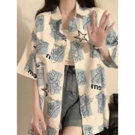 盐系ins风小熊宽松短袖衬衫夏季日系撞色设计感小众oversize上衣