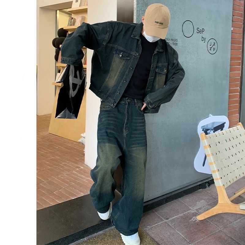 Spring and Autumn Jackets Paired with Stylish Loose-Fitting Washed Vintage Jeans Set, Men's Standard Windproof Jacket