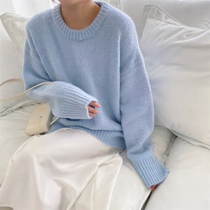 Soft Milk Blue Solid Color Korean Style Sweet and Gentle Sweater Women's Loose Slim Look Lazy Outer Wear Round Neck Sweater Top Soft Milk Blue Solid Color Korean Style Sweet and Gentle Sweater Women's Loose Slim Look Lazy Outer Wear Round Neck Sweater Top