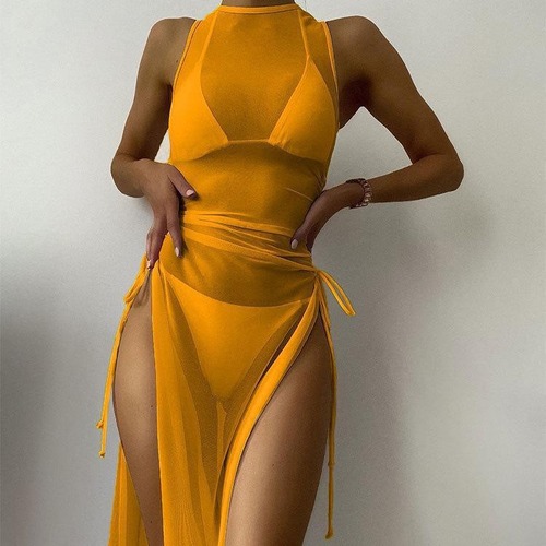 European and American-style solid-color long-sleeve swimwear, sun-protective cover-ups, and bikini beach dresses—three-piece swimsuit set for women