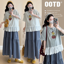 孕妇装2025夏季新款韩版时尚休闲花边拼接宽松T恤孕妇格子裙套装