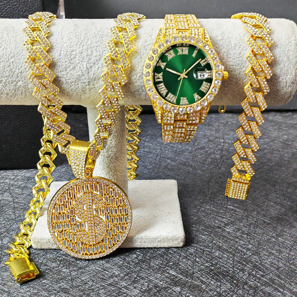 Men's Cuban Link Bracelet With Colorful Diamond Setting Gold Plated_voghion.com