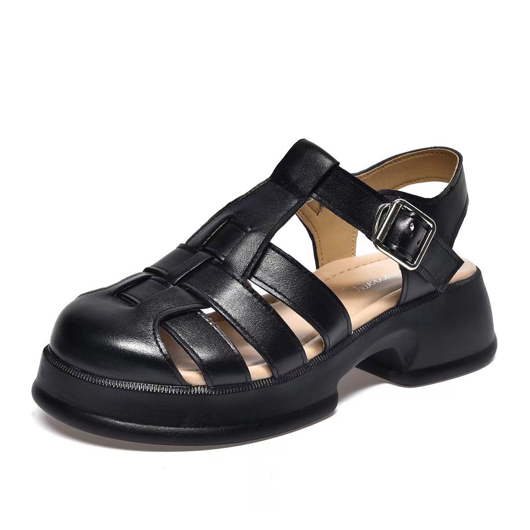 Sandal nữ đế dày da thật quai chữ V bọc mũi hở gót — Màu đen