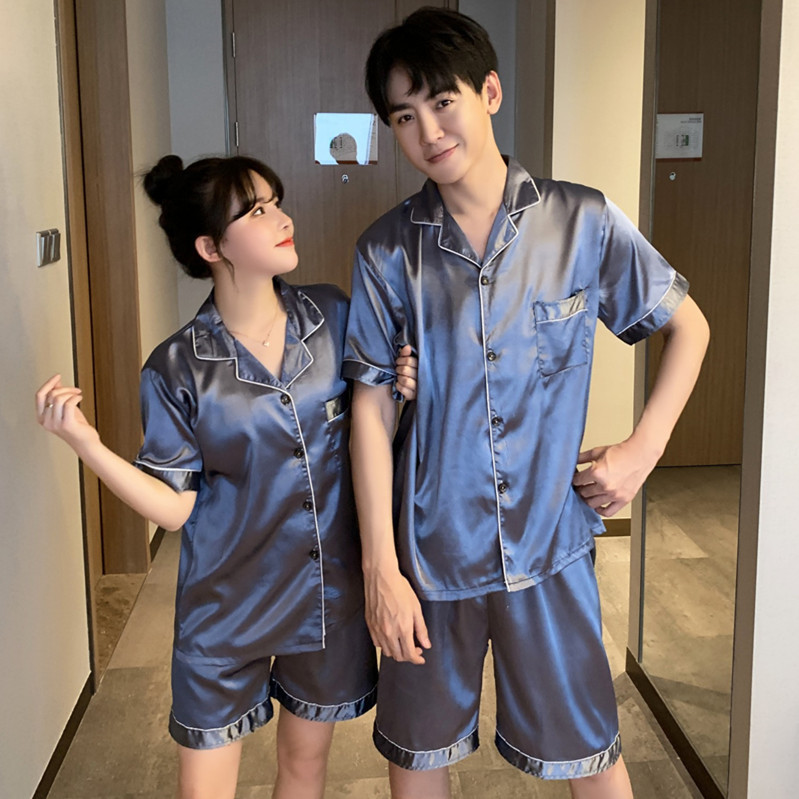 Fábrica directa pareja pijamas de las mujeres de manga corta de color sólido simple cardigan de seda artificial traje fino desgaste del hogar de los hombres de seda de hielo