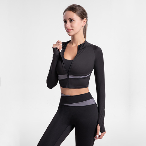 Color-blocked tight-fitting short navel-baring sports yoga jacket top for women, skin-friendly nude high-neck quick-drying outdoor fitness clothing
