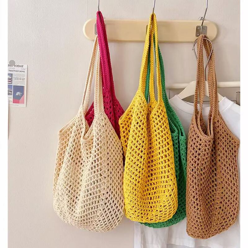 Casual Large Capacity Cotton Woven Bag New Hollow Straw Woven Bag Lazy Style Shoulder Bag Holiday Beach Bag Women's Bag