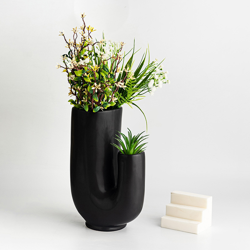 Flor de cerámica negra estilo de porcelana Chang, encimera creativa, jarrón de cerámica, decoración del hogar, inserto de flores geométricas esmeriladas