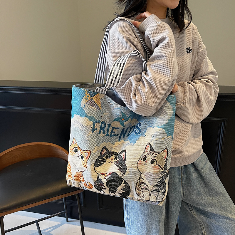 Korean Style Large-Capacity Embroidered Canvas Shoulder Bag for Women, 202 New Trendy Versatile Cute Casual Handbag