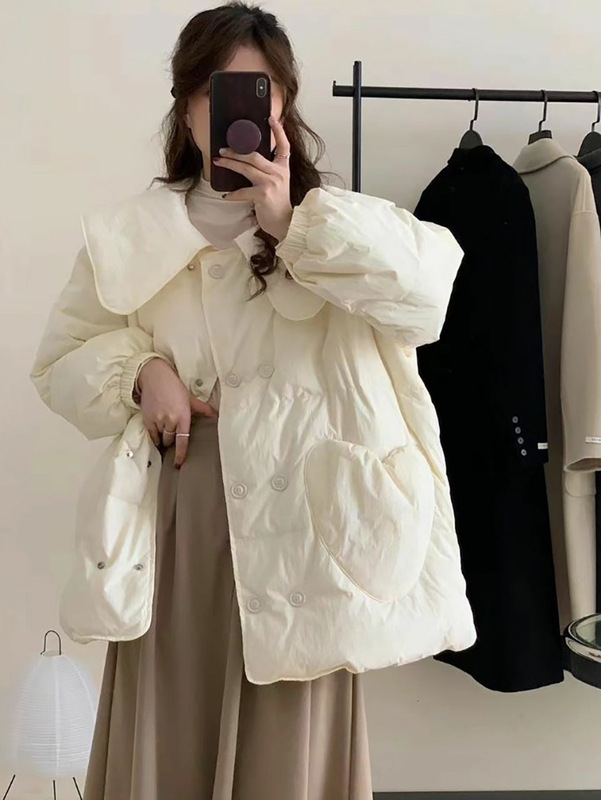 圣诞红大翻领羽绒服女2025冬季甜美爱心压胶保暖小个子白鸭绒外套|undefined