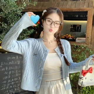 蓝色开衫毛衣外套女秋冬新款蝴蝶结刺绣麻花针织上衣韩系穿搭