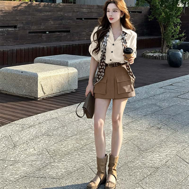 2026 Summer Mature Style Outfit for Women: Lapel Shirt with High-Waisted Work Shorts, Casual Slimming Two-Piece Set