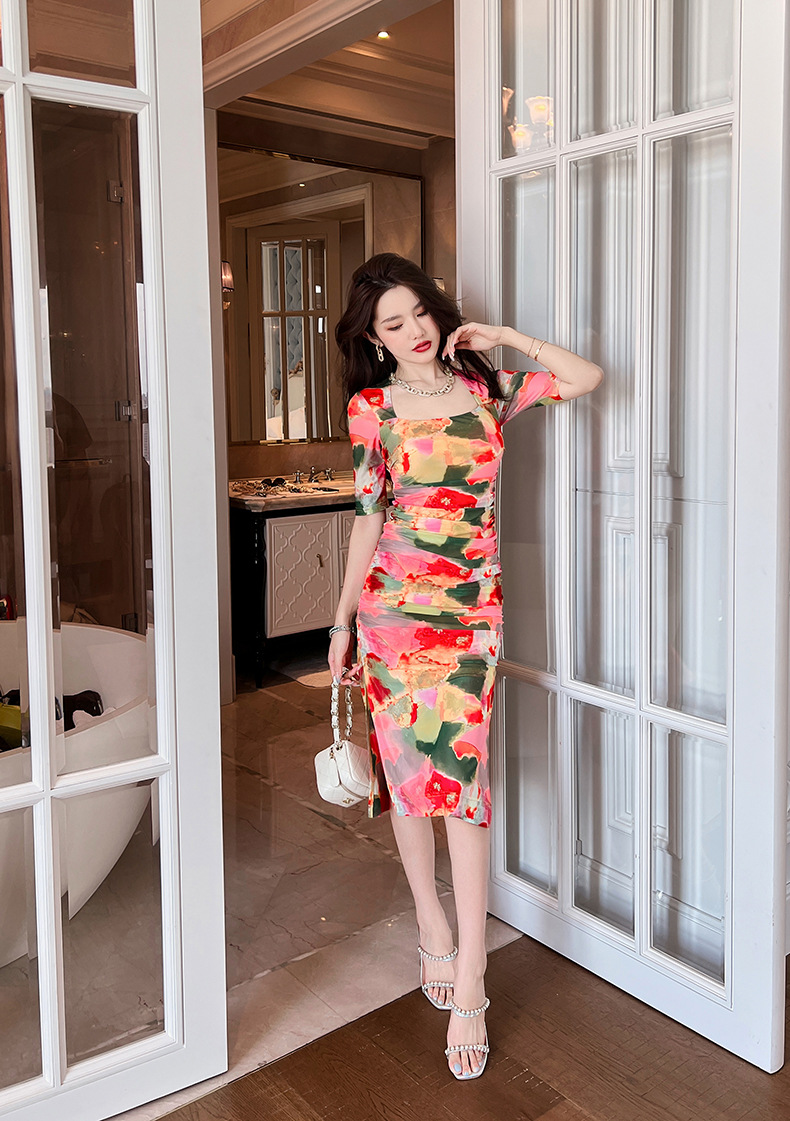 Váy dài ôm hông cổ vuông in họa tiết hoa phong cách Pháp — Màu hoa chi tiết 18