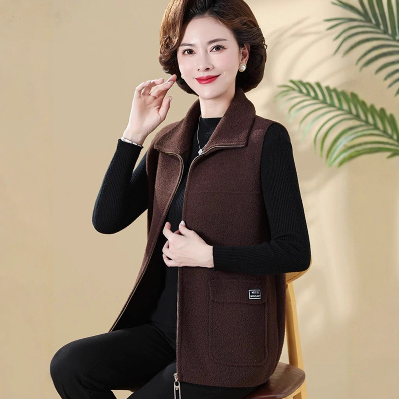 Ladieswear's Spring & Fall Double-Sided Woolen Vest Loose Waistoutwear Cardigan for Middle-Aged and Elderly Women Large Size Vest Western Style Woolen Jacket