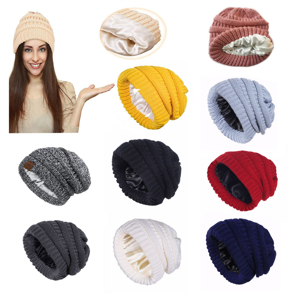 Cross-Border Skull Cap with Slightly Elastic Satin Lining, Windproof and Warm Double-Layer Knit Hat, Unbranded