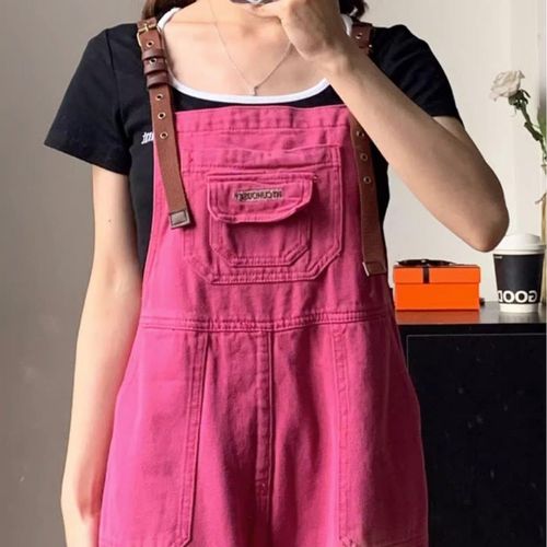 2024 New Retro Fire Dragon Red Denim Overalls Women's Summer Loose One-piece Straight Wide-leg