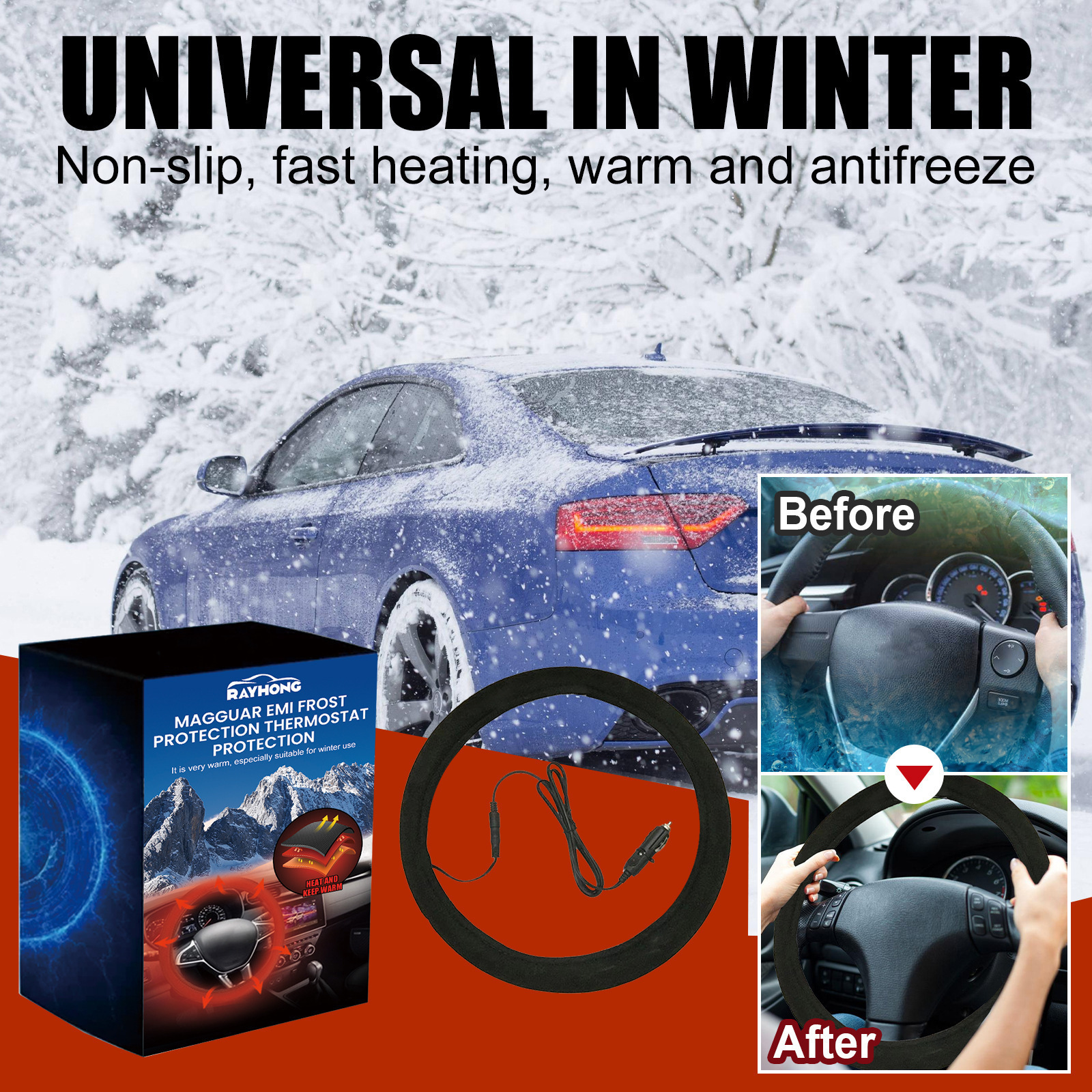Rayhong Car Heated Steering Wheel Non-Slip Universal Steering Wheel Cover Quick Warming Hand Warmer Protective Cover