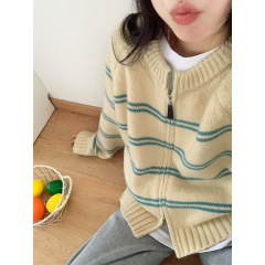 黄色双拉链圆领针织开衫女2025新款秋冬加厚慵懒风短款毛衣外套潮