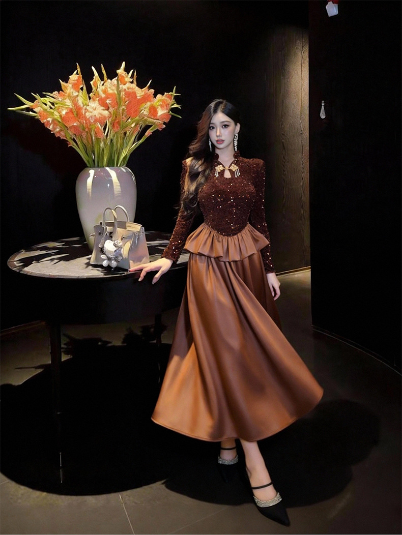 Đầm maxi nữ thắt eo phong cách Trung Hoa thiết kế sequin lấp lánh — Cà phê nâu chi tiết 8