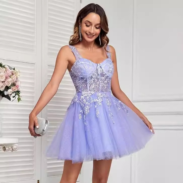 Lace applique evening gown reunion teen tulle off-the-shoulder short prom A- line cocktail gown