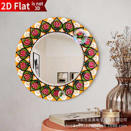 跨境新款复古风格多款花纹木质2D镜子浴室化妆镜墙面装饰镜挂件