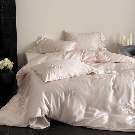 Girl's Pink Rose Embroidered Lace Silky Nude Sleeping Grade Single Double Bedding Orchid Lyocell Tencel Three or Four Piece Set