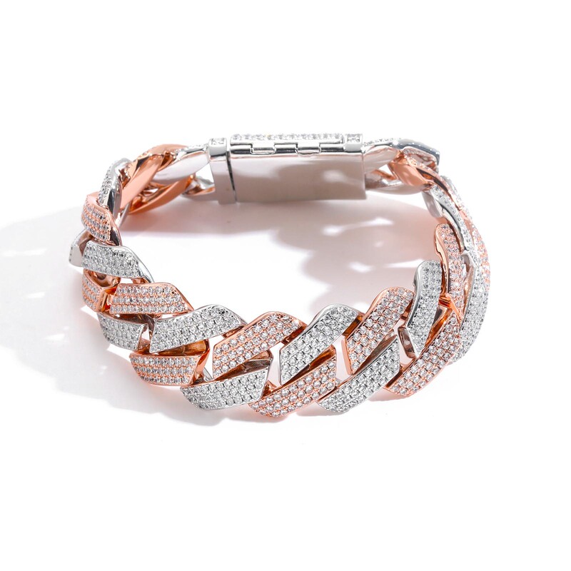 European and American cross-border hip hop bracelet 20mm three rows zircon rose gold two-color rhombus Cuban chain men's personality bracelet