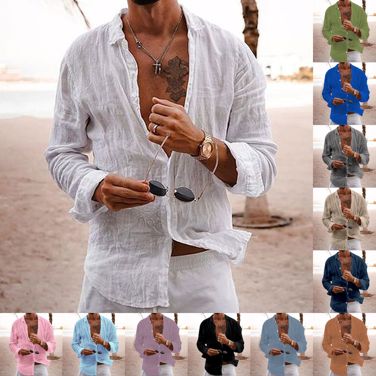 Cross-Border Foreign Trade Supply Men's Shirts 2026 New Style Solid Color Loose Single-Breasted Turn-Down Collar Cotton-Linen Long-Sleeve Shirt