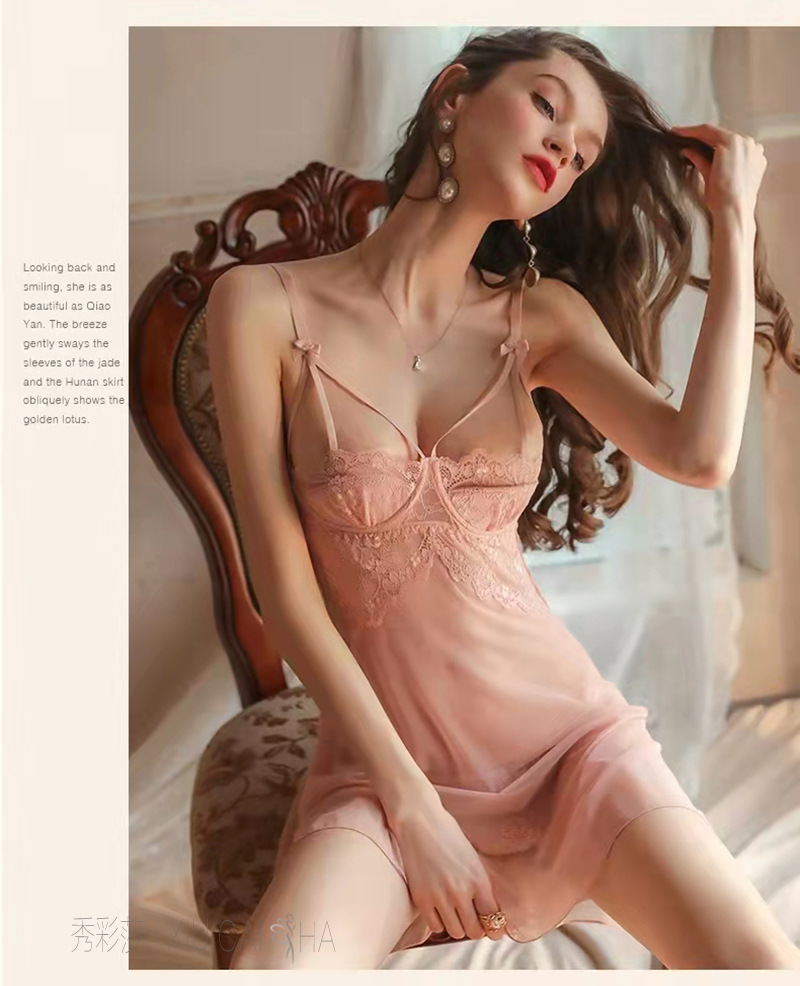Plus Size Suspender Nightgown, Transparent Mesh Babydoll with Steel Ring Push-Up, Wine Red — detail image 18