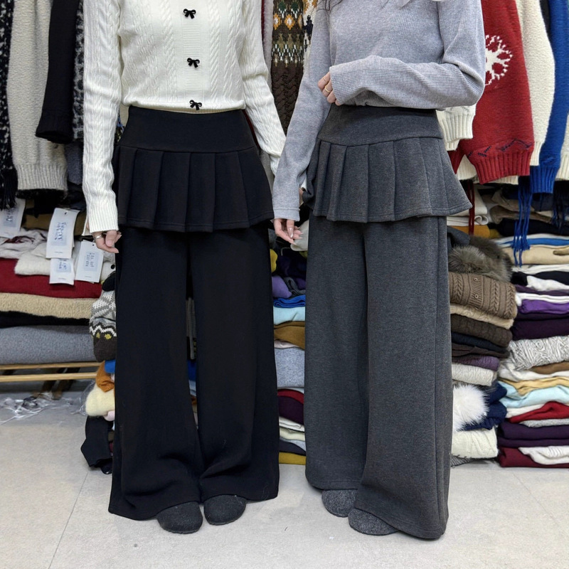 Korean Style Faux Two-Piece Pleated Fleece-Lined Mid-Length Pants for Women, New Autumn and Winter Warm Design, Slimming Casual Pants Korean Style Faux Two-Piece Pleated Fleece-Lined Mid-Length Pants for Women, New Autumn and Winter Warm Design, Slimming Casual Pants