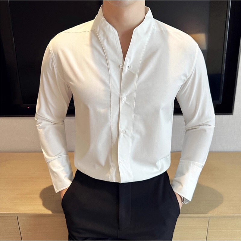 Trendy Korean-Style Slim-Fit Men's V-Neck Long-Sleeve Shirt, Stylish Stand Collar, No-Iron Casual Collarless Shirt