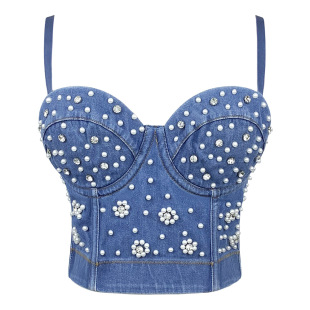 Top with cups, fashionable vest, denim suit, brace, (Physicals), internet celebrity