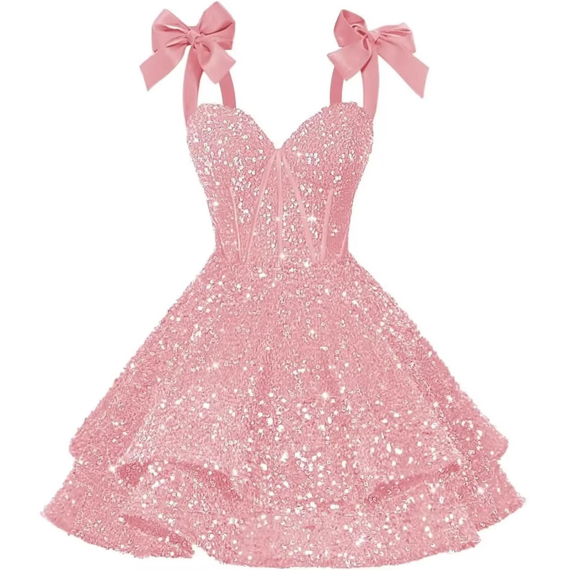 Cross-Border New Style Shiny Sequin Bowknot Spaghetti Strap Layered Short Sweet Ball Gown European and American Dress Cross-Border New Style Shiny Sequin Bowknot Spaghetti Strap Layered Short Sweet Ball Gown European and American Dress