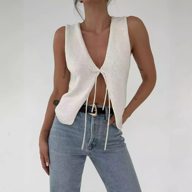 European and American Amazon Cross-border 2024 New Fashion Lace-up Deep V Sexy Vest Sleeveless Knitted Top Women's Cardigan